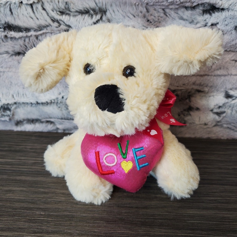 Inter-American Cream Beige VALENTINES Puppy Dog Plush 6-8in Love Heart Ribbon